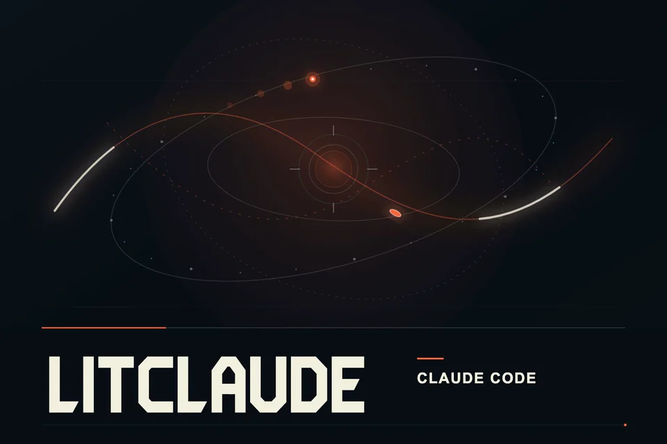 LitClaude cover art. An orange signal moves through orbital paths above the CLAUDE CODE wordmark. Reduced-motion users see a still frame from this motion cover.