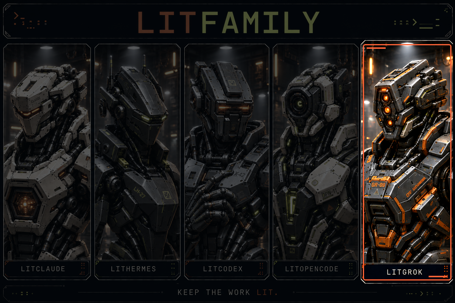 LITFAMILY static cover with five armored machines beneath the words KEEP THE WORK LIT.