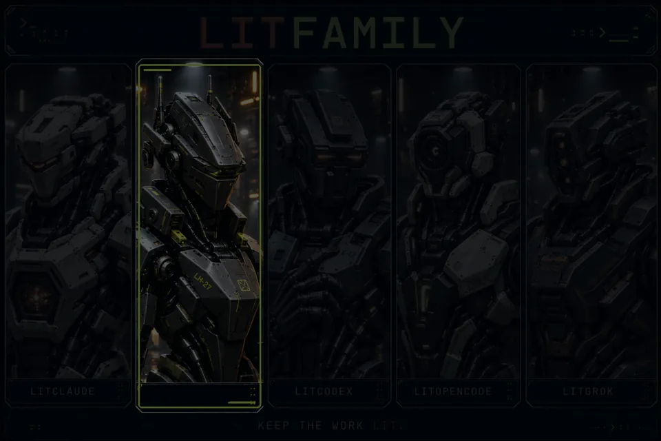 LitFamily 모션 커버: 다섯 로봇 패널이 차례로 켜지고, LitHermes 로봇의 눈과 테두리가 빛난 뒤 LITFAMILY와 KEEP THE WORK LIT. 문구가 밝아지는 영상