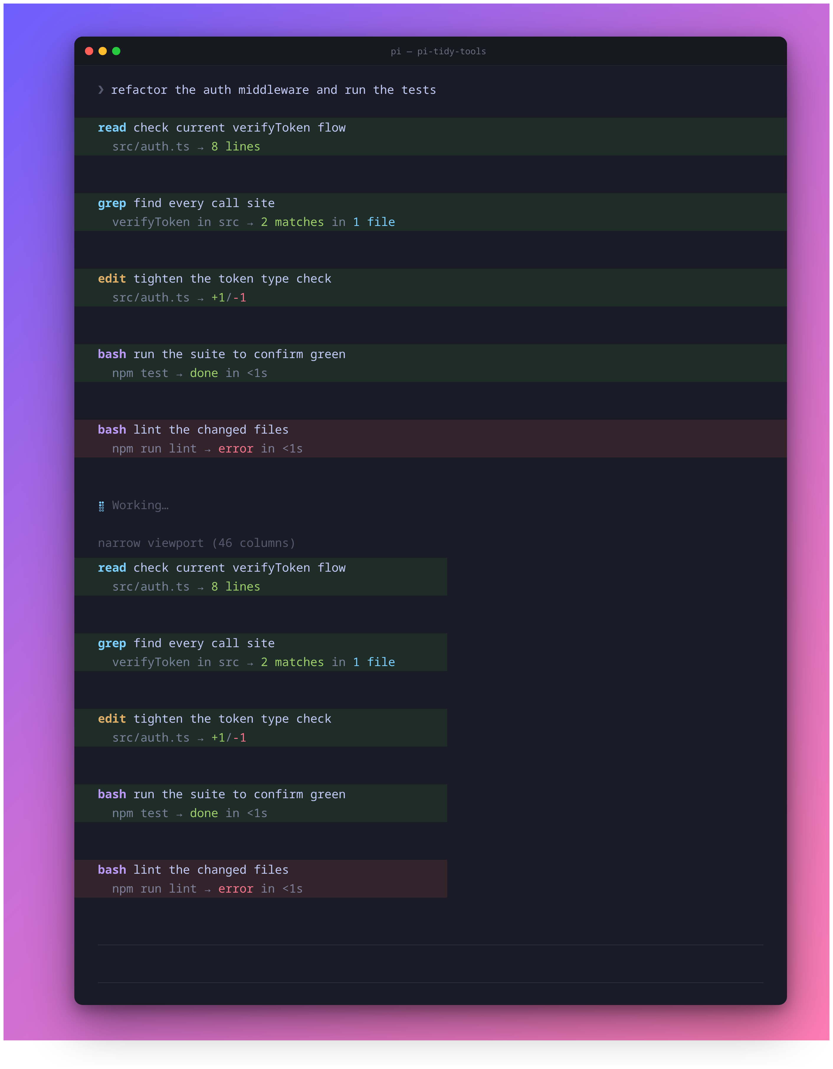 pi-tidy-tools transcript showing successful and failed tool calls