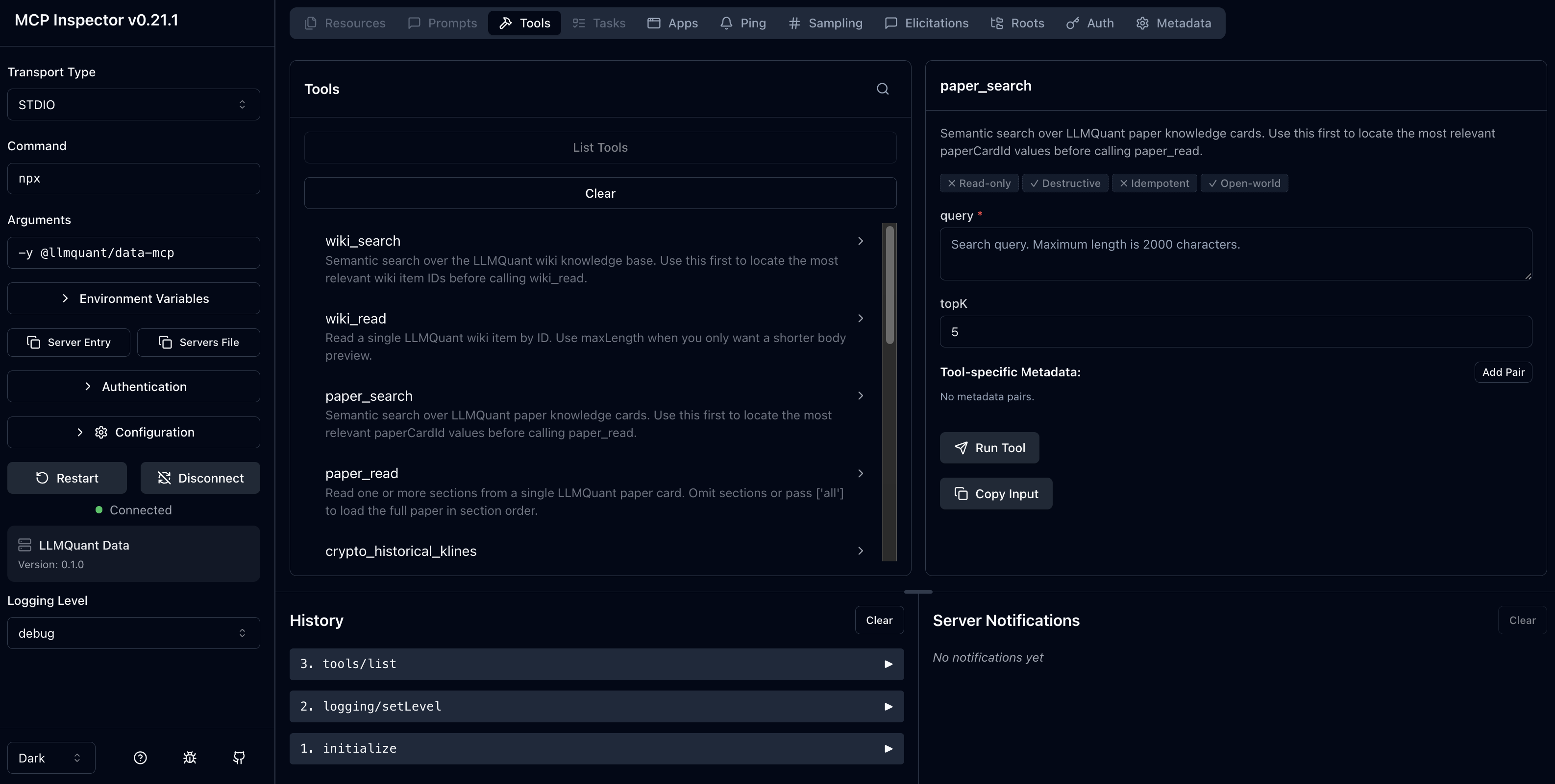 MCP Inspector — interactively test tools in your browser