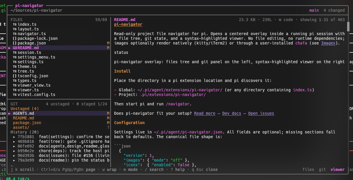 pi-navigator overlay: files tree and git panel on the left, syntax-highlighted viewer on the right