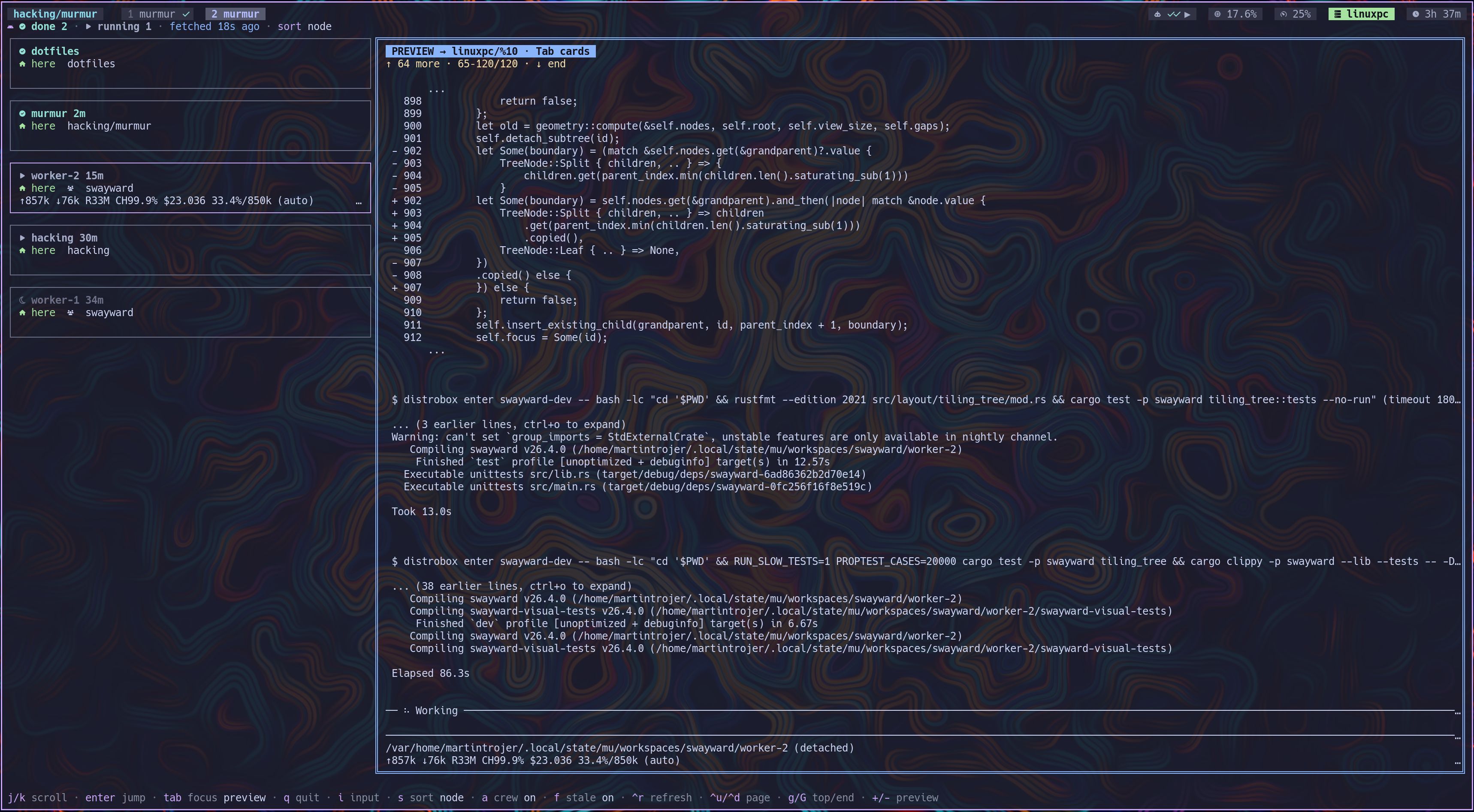 murmur dash — cards on the left, pane glance on the right