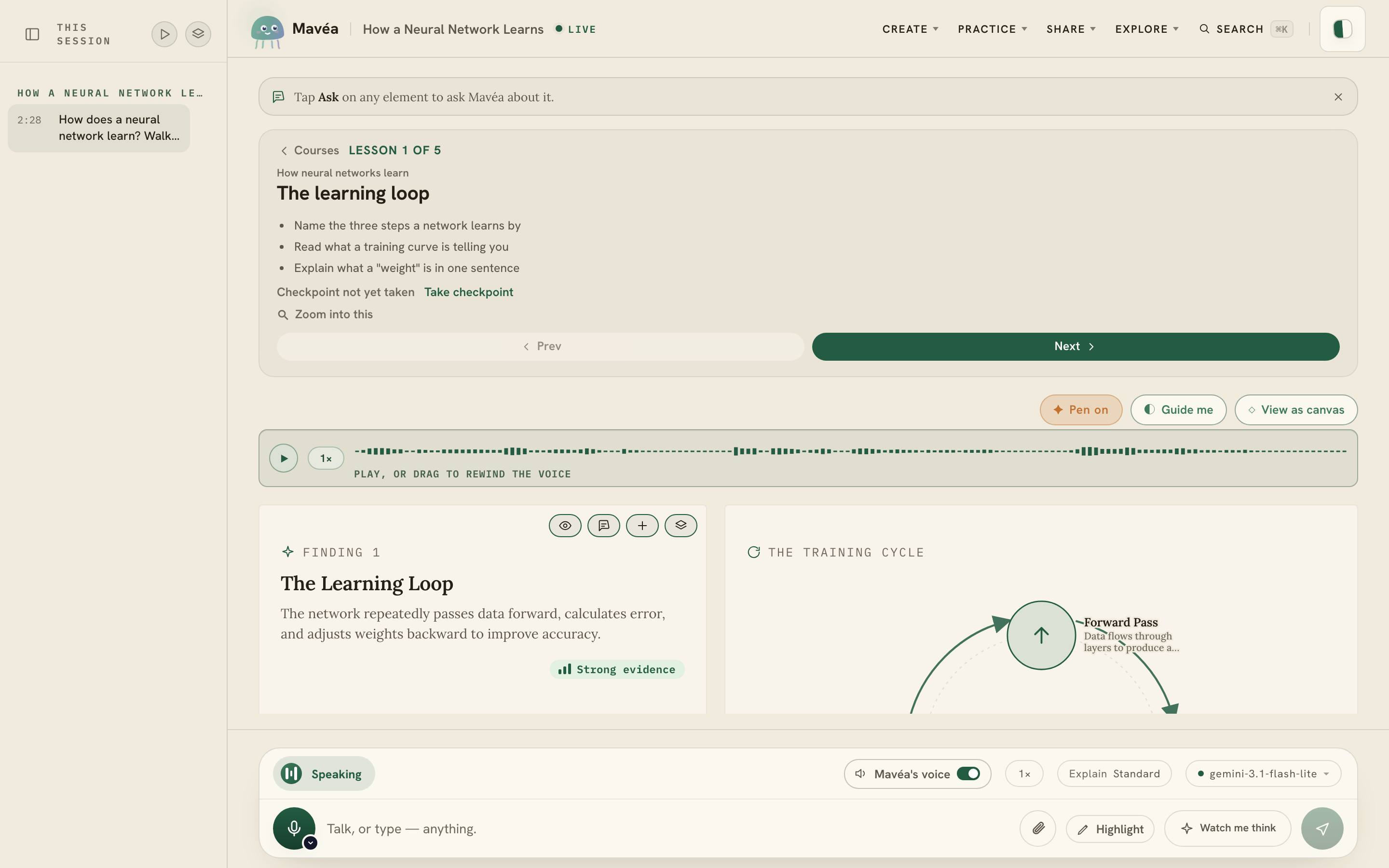 A course lesson titled 'The learning loop', showing lesson 1 of 5 with learning objectives, a checkpoint, and a diagram of a neural network's training cycle