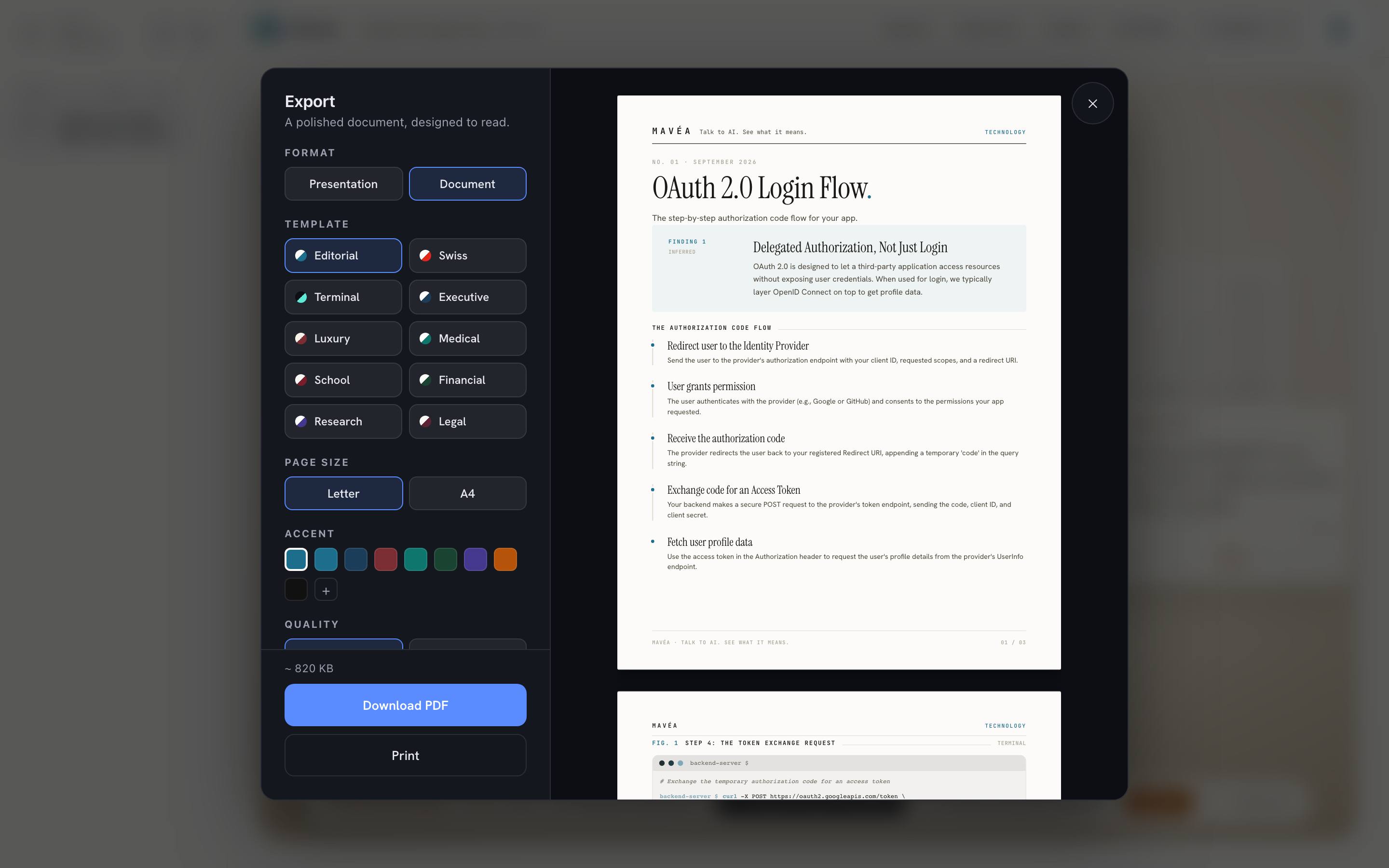The export studio previewing a generated document page in an editorial template