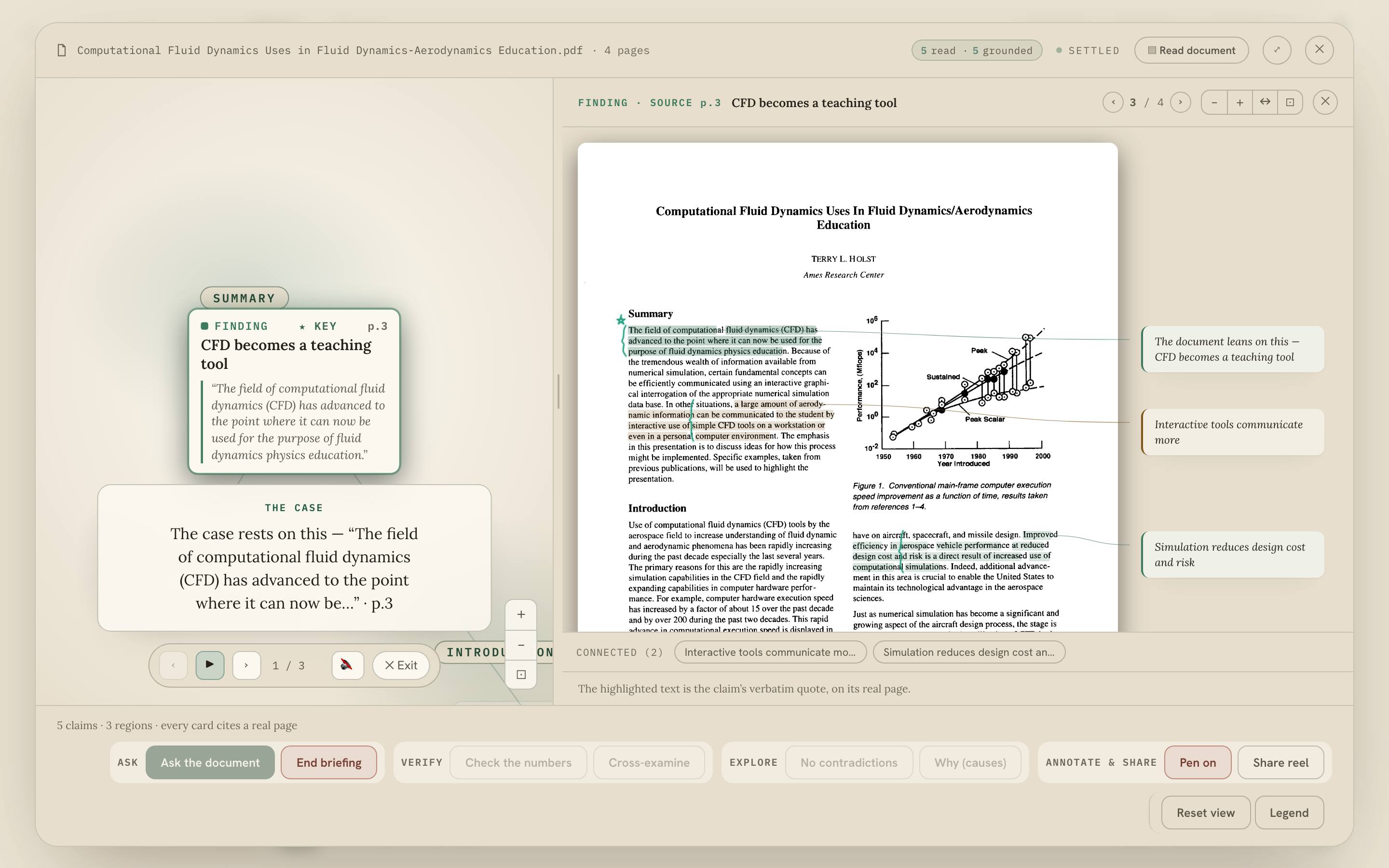 A NASA technical report read claim by claim, each finding highlighted on the real scanned page