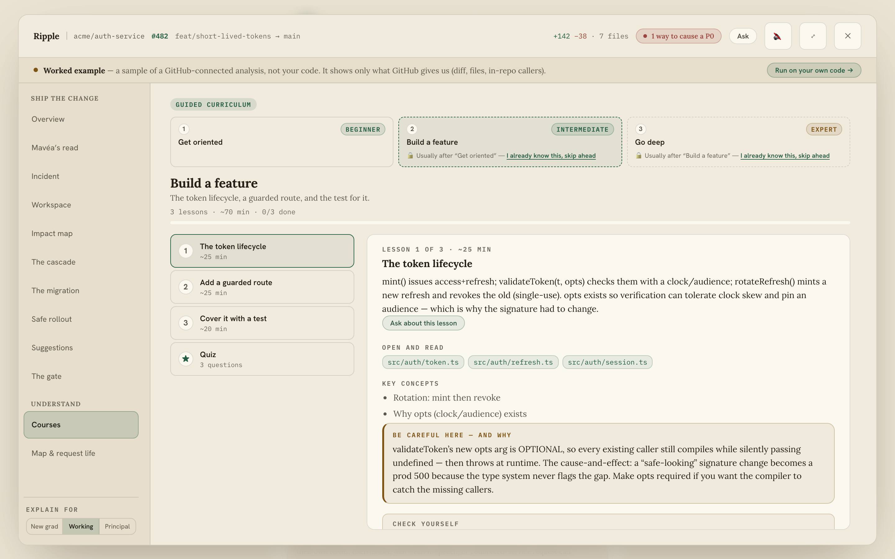 A GitHub repository turned into a beginner-to-expert curriculum with lessons, files to read and a checkpoint
