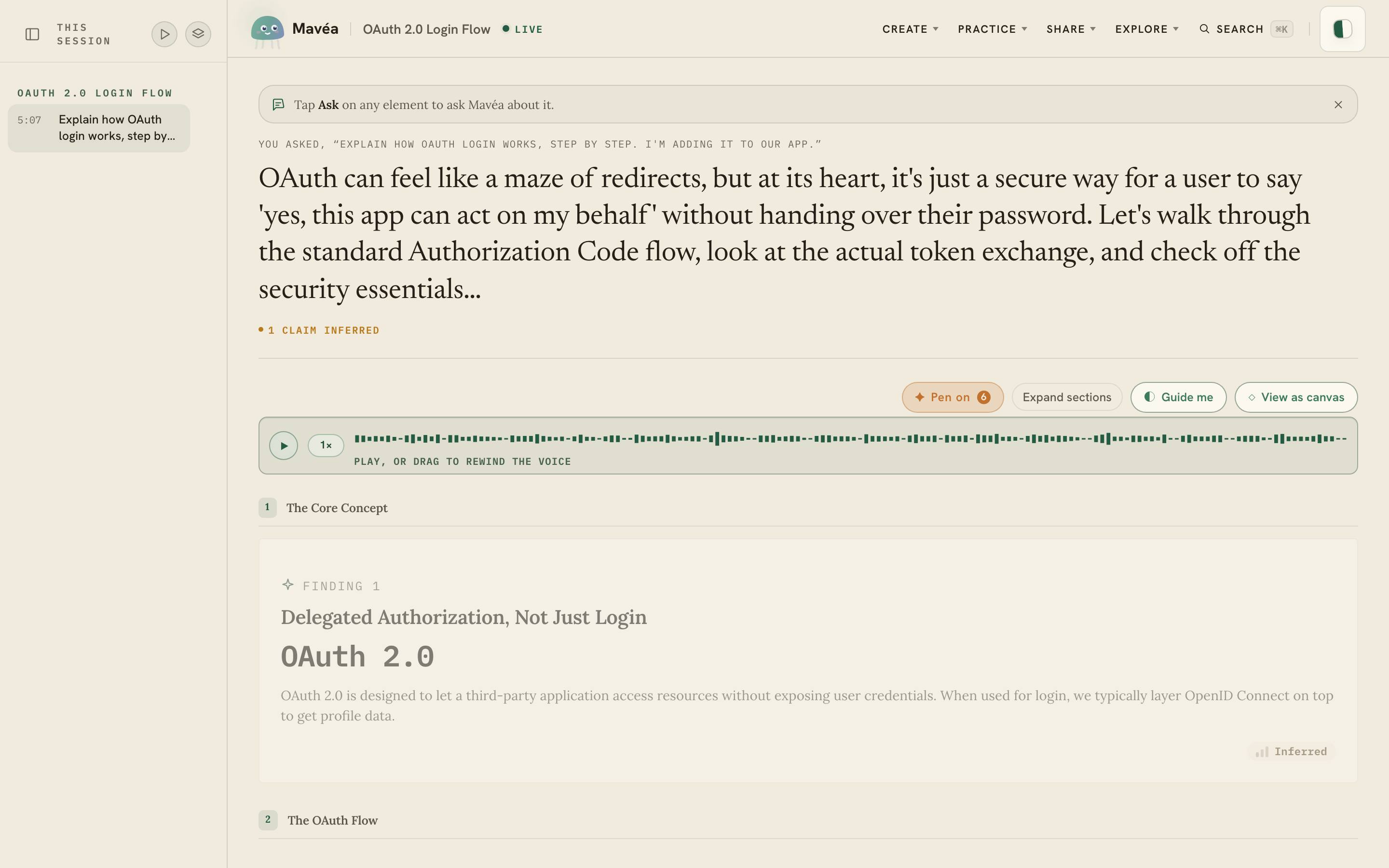 A settled answer with its spoken track drawn as a waveform, above the card being narrated