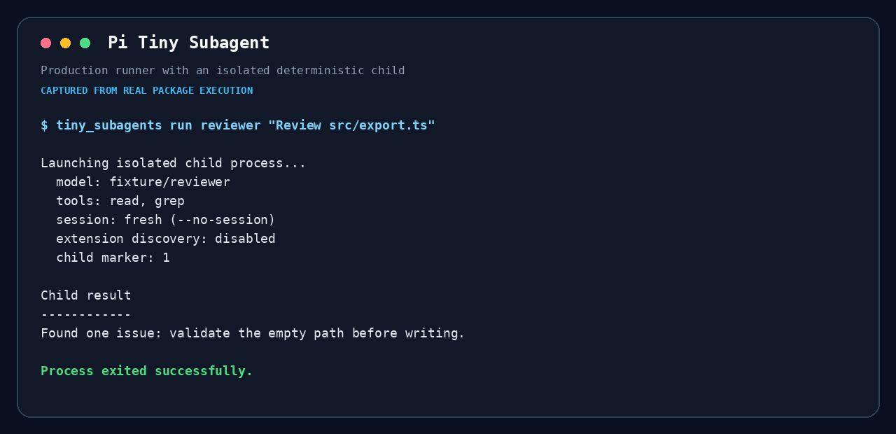 Tiny Subagent production runner screenshot