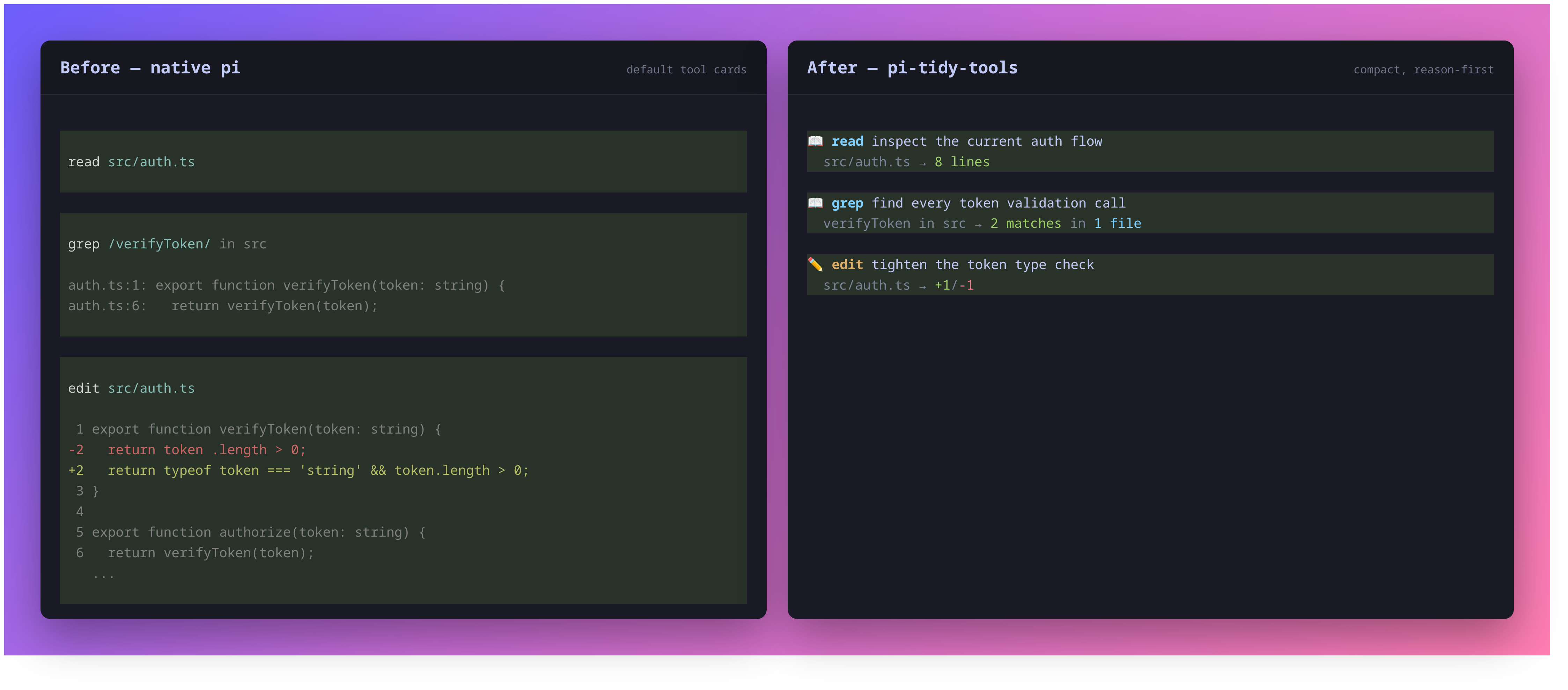 Native Pi tool cards compared with compact pi-tidy-tools output