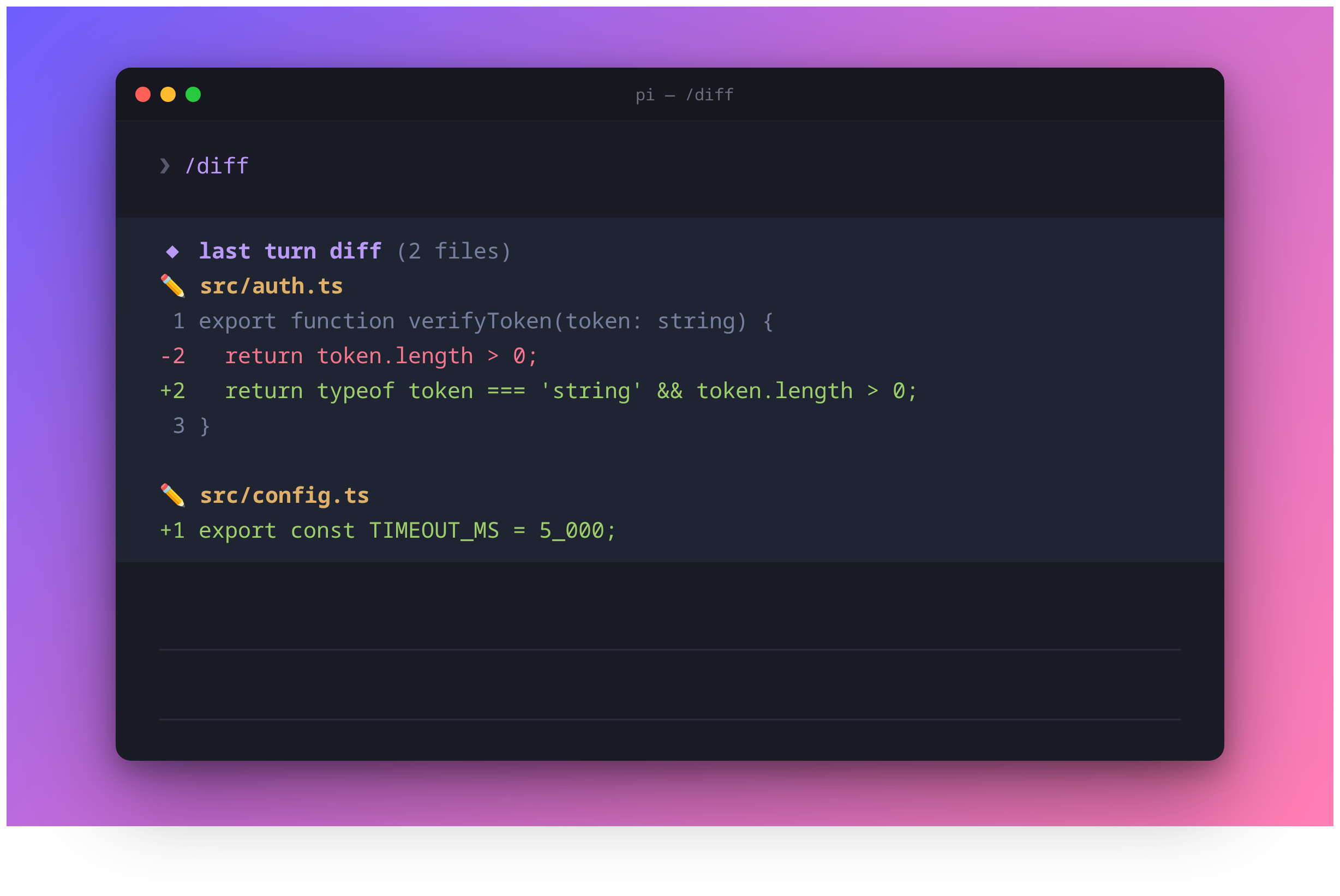 `/diff` recap of the last turn's edit and write changes