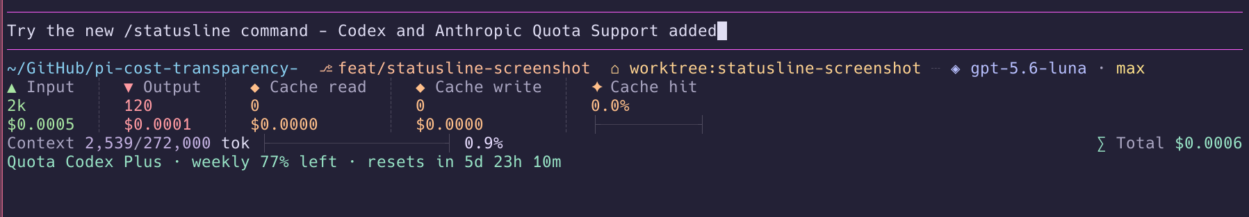 Pi cost transparency status line showing its pastel sci-fi telemetry dashboard