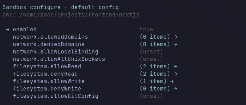 /sandbox configure wizard — current effective config rendered above the scope picker