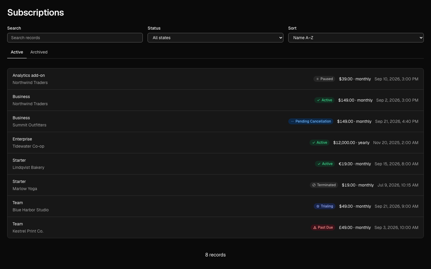 A generated Subscription list in the dark theme