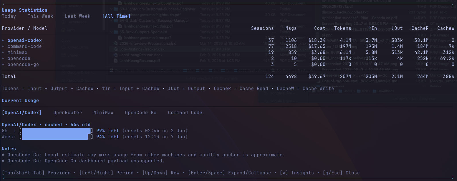 Pi usage dashboard showing the aggregated usage table for the "All Time" period, current usage quota bars for OpenAI/Codex, and the keyboard navigation hints at the bottom