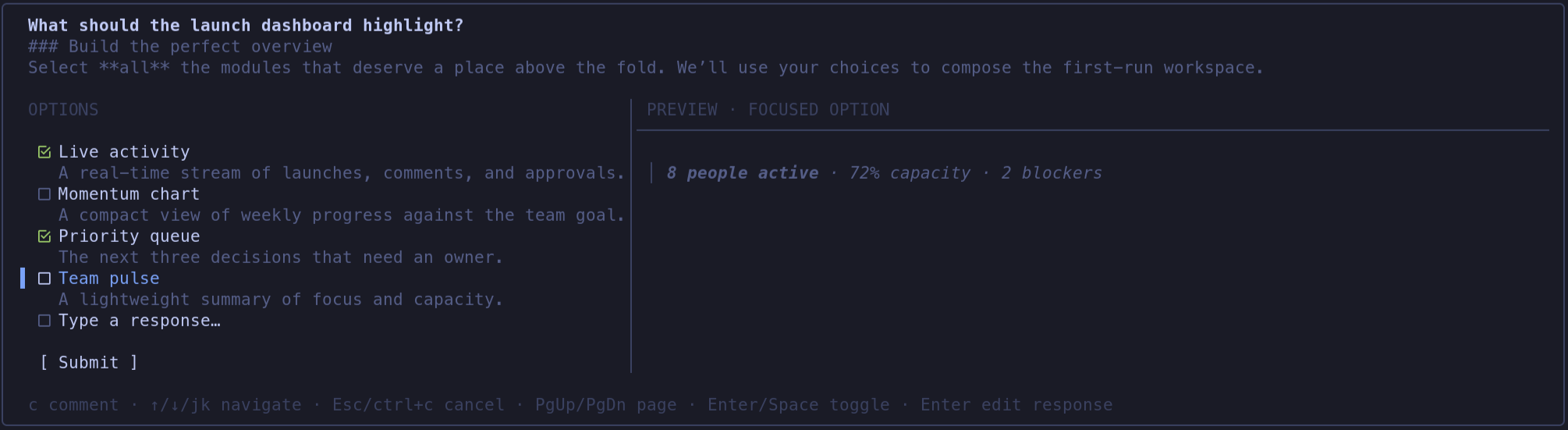 A multi-select productivity app question with three features selected and a notes preview