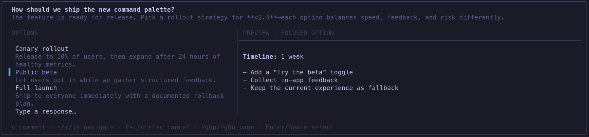 A project picker showing a live CLI task tracker preview beside the options