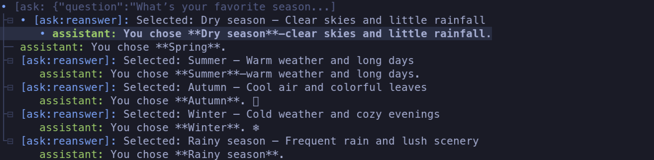 A Pi session tree showing several revised answers to the same favorite-season question