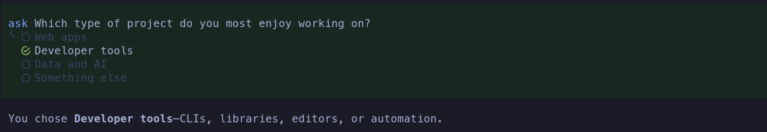A single-choice question with Developer tools selected and the answer shown inline