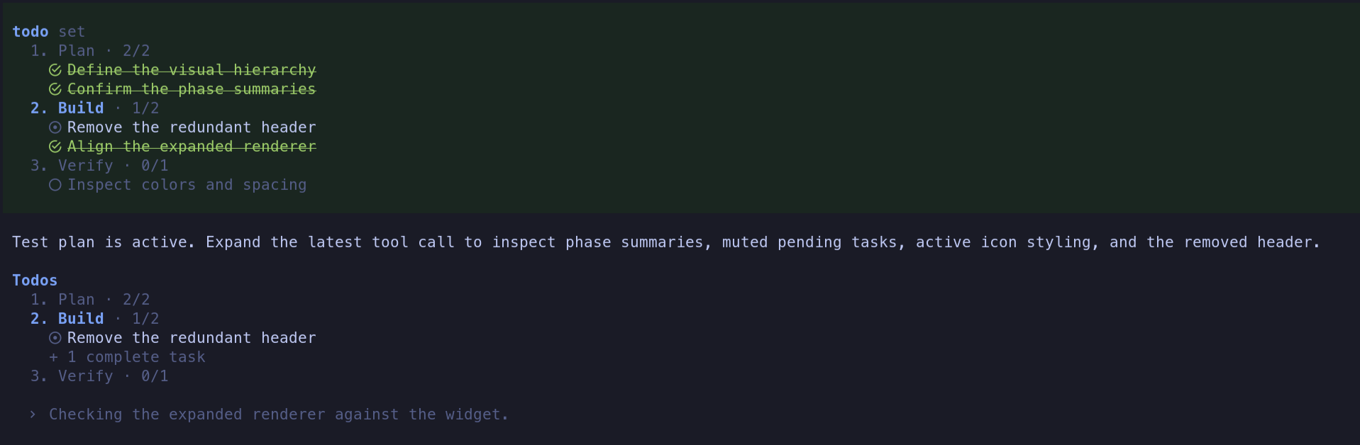 A phased todo plan showing completed, active, and pending tasks