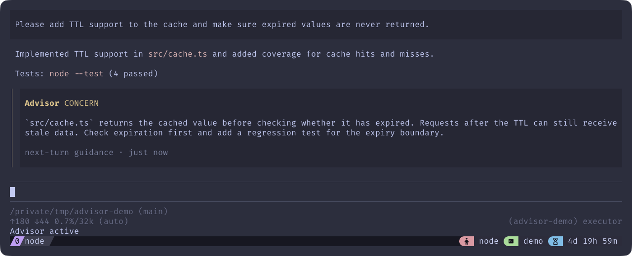 Pi Advisor surfaces a concern about stale cache data after reviewing an Executor response