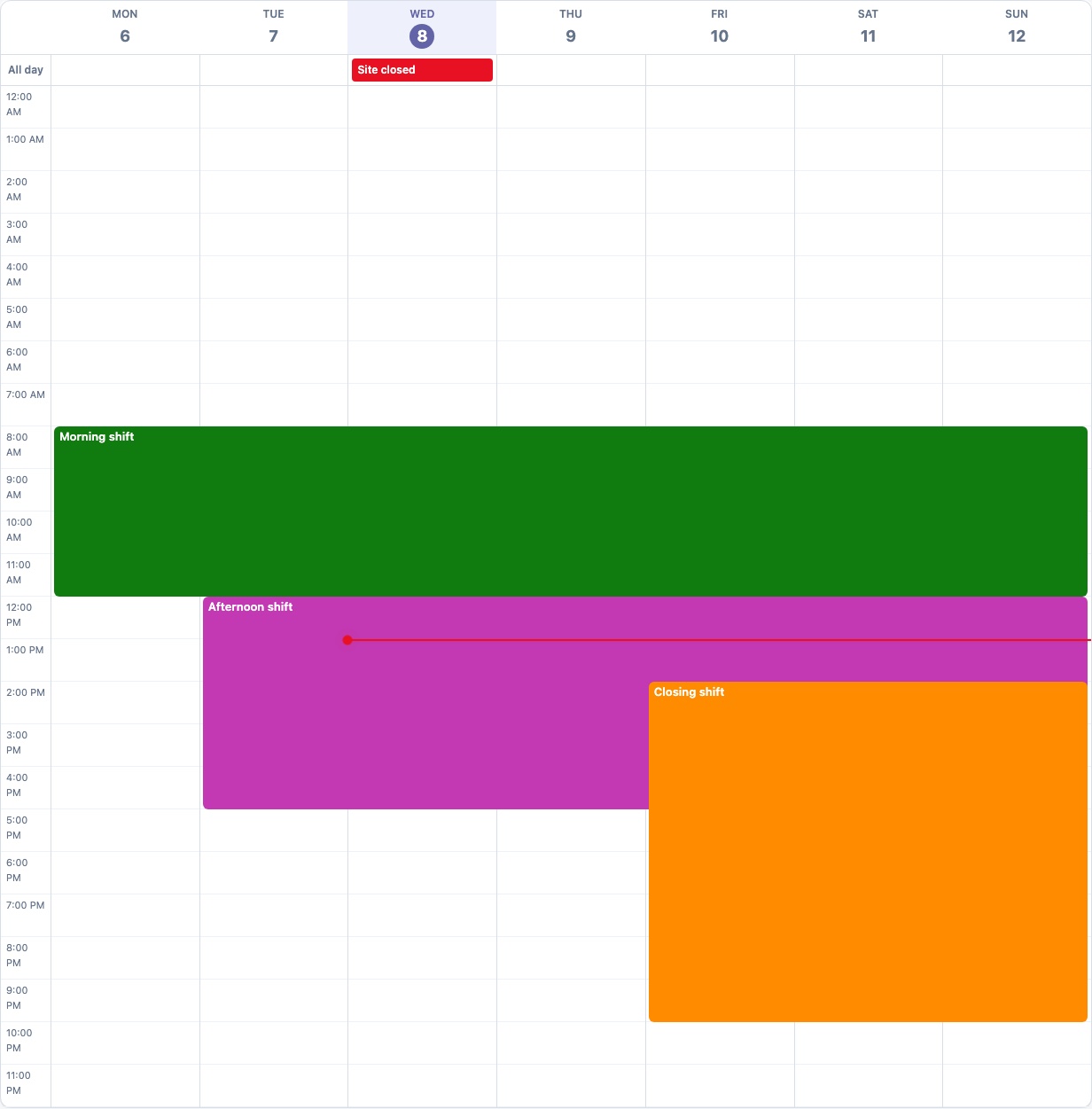 Week view showing seven days of the time grid with overlapping shifts