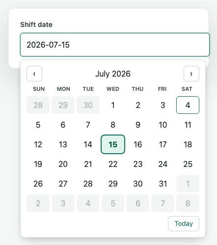 Day view popover open, showing the month grid with today and a selected day highlighted