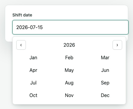 Month view popover open, showing the 12-month drill-down grid