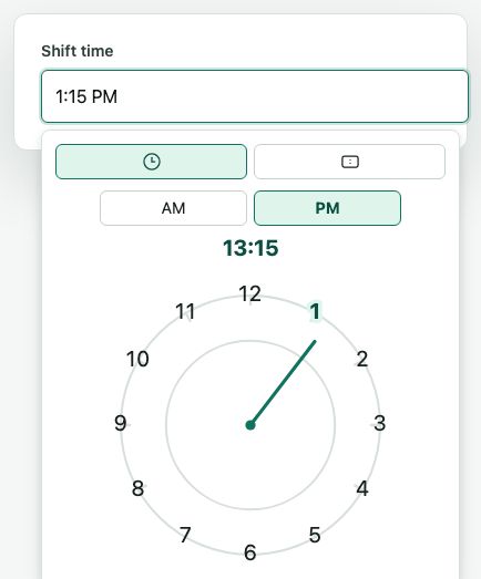 Analog time picker popover open, showing icon mode toggles, AM/PM controls, and an SVG clock face with a draggable hand