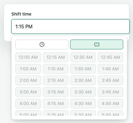 Digital time picker popover open, showing a scrollable list of time options