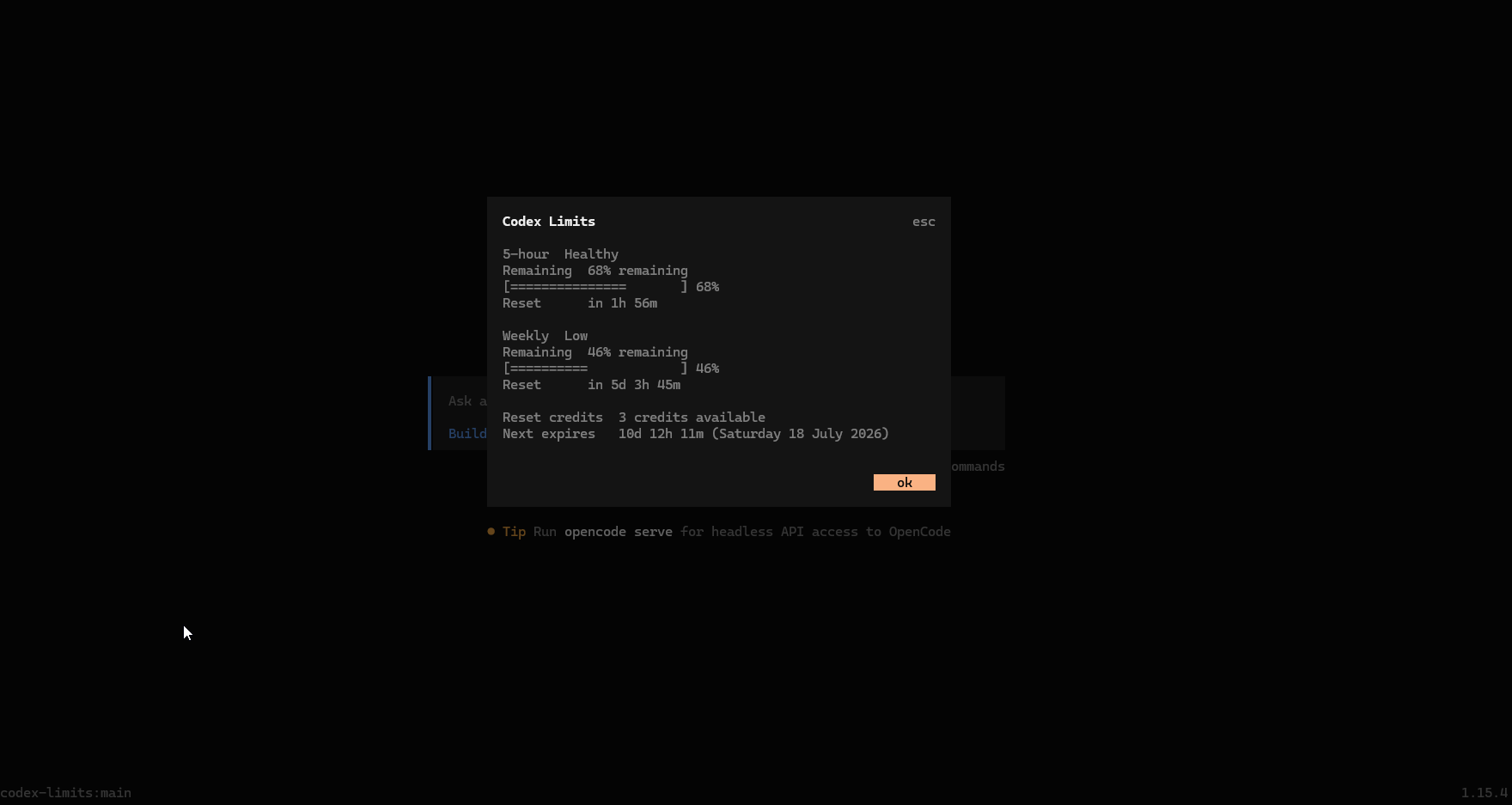 Codex Limits modal running inside OpenCode