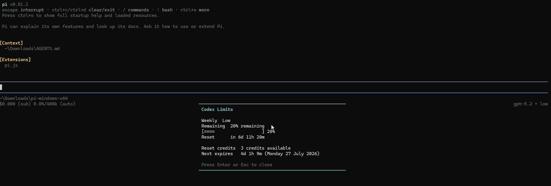 pi codex-limits integration screenshot