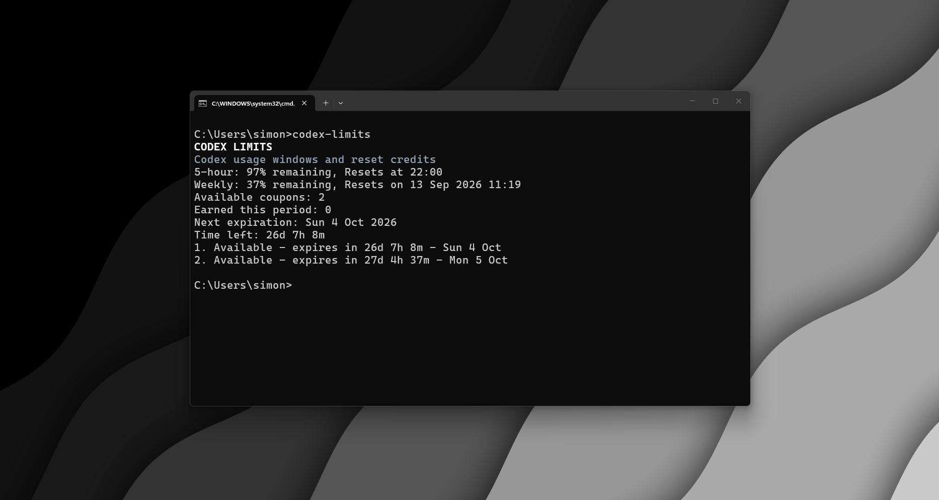 Compact Codex Limits command output in the terminal