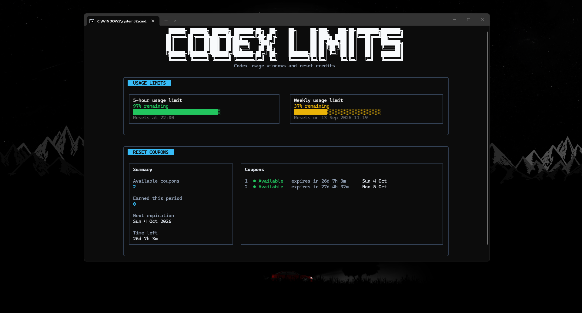 Codex Limits interactive dashboard with usage windows, reset times, and reset credits