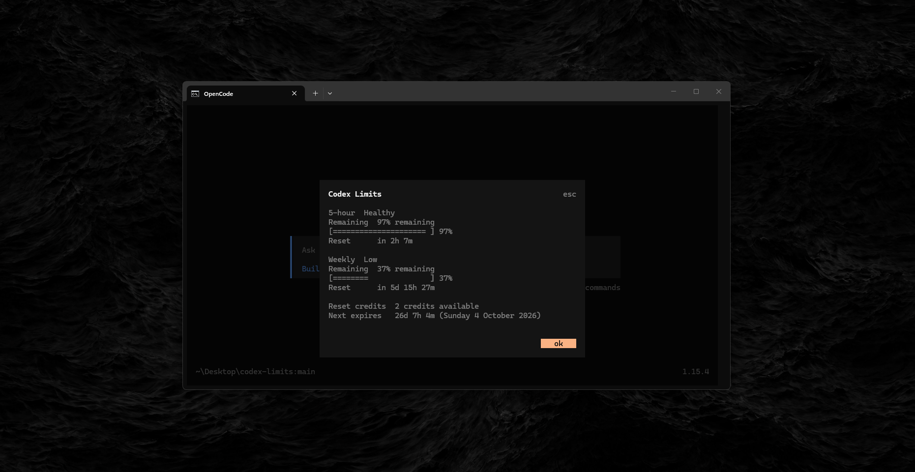Codex Limits integration running inside OpenCode