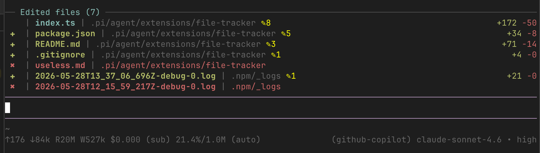 pi-file-tracker widget showing edited files with diff stats