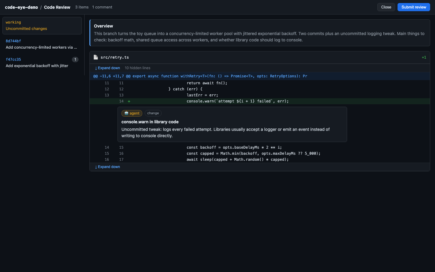 Web review: agent walkthrough notes inline on the diff