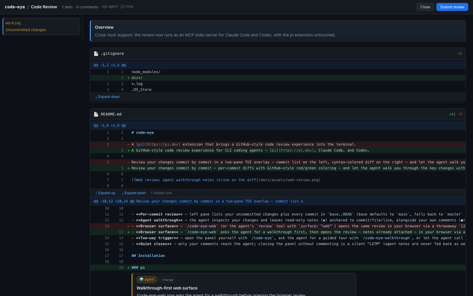 Web review: agent walkthrough notes inline on the diff