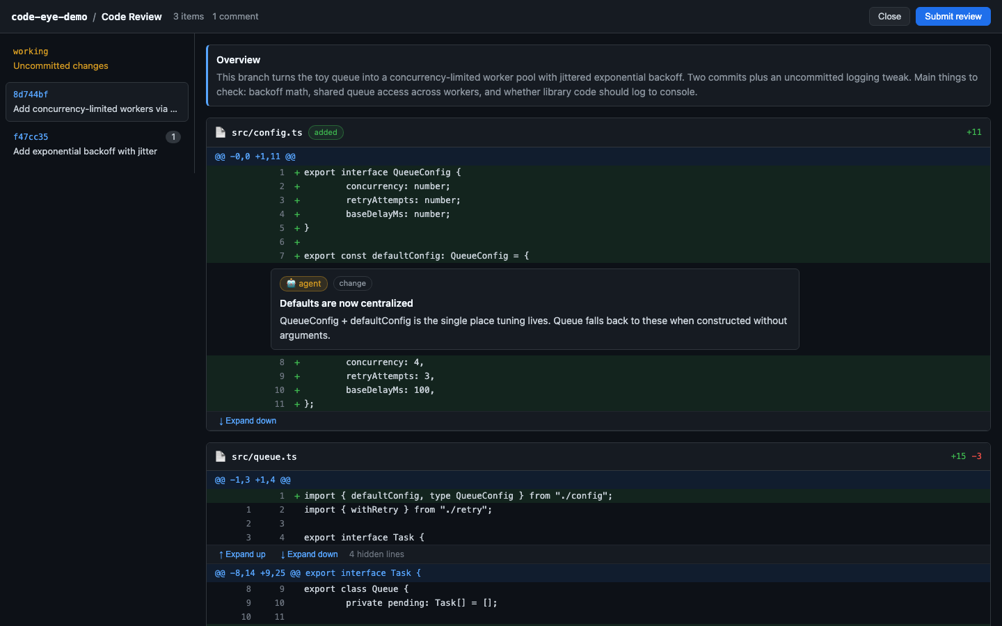Web review: per-commit view with file stats, status chips, and expandable gaps