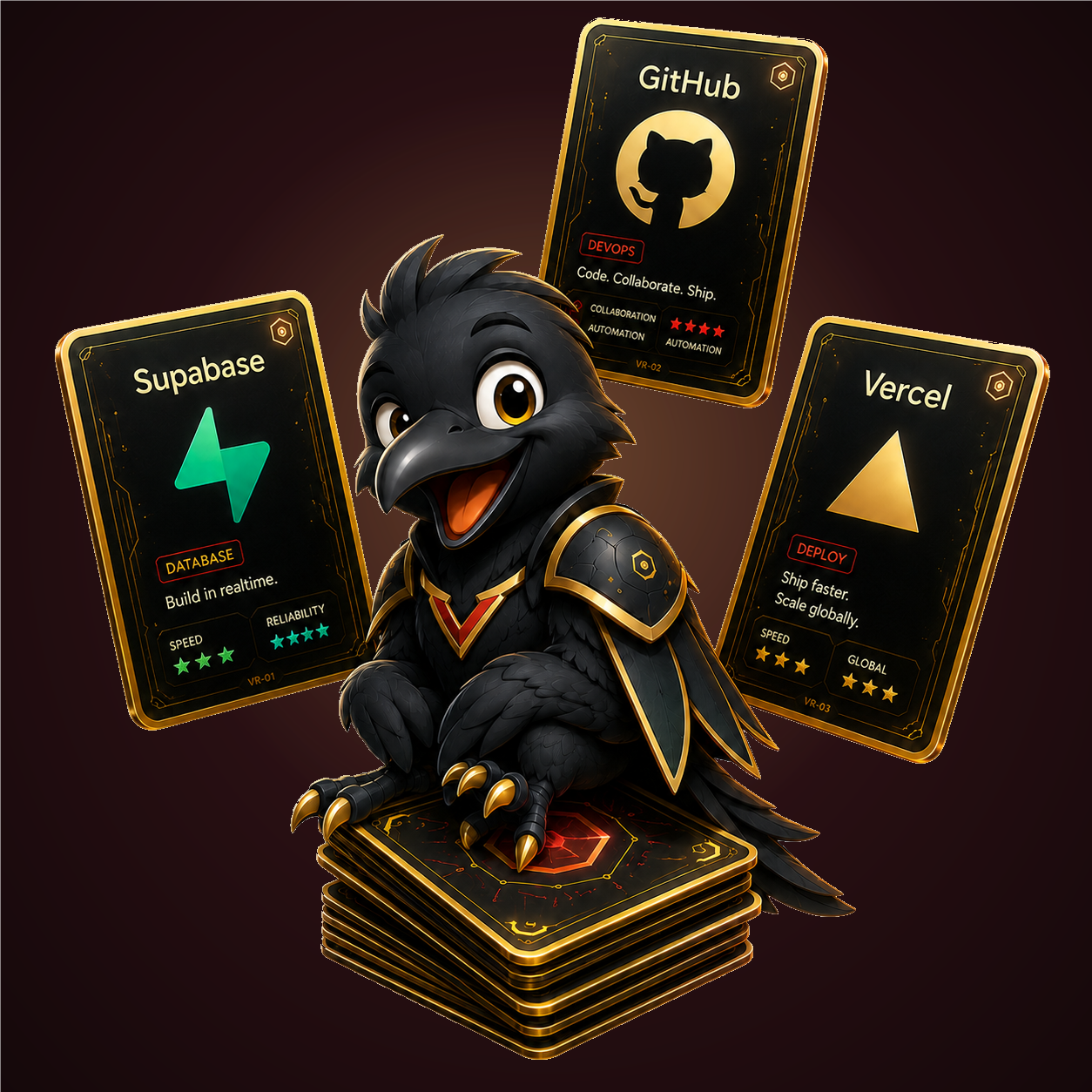 VibeRaven — the raven fanning its hand of provider cards