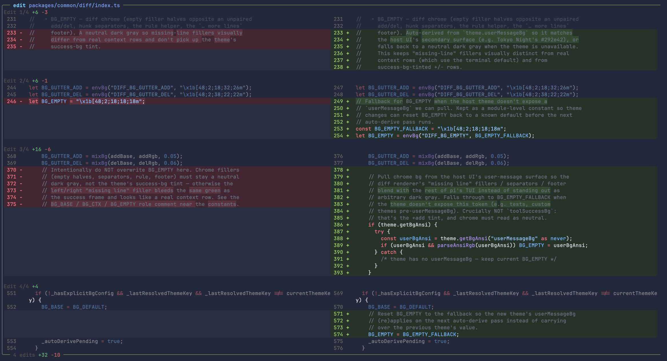 multi-edit split diff with `Edit i/N` blocks, word-level emphasis on paired add/del rows, untinted context lines, and chrome that picks up the host theme's `userMessageBg`