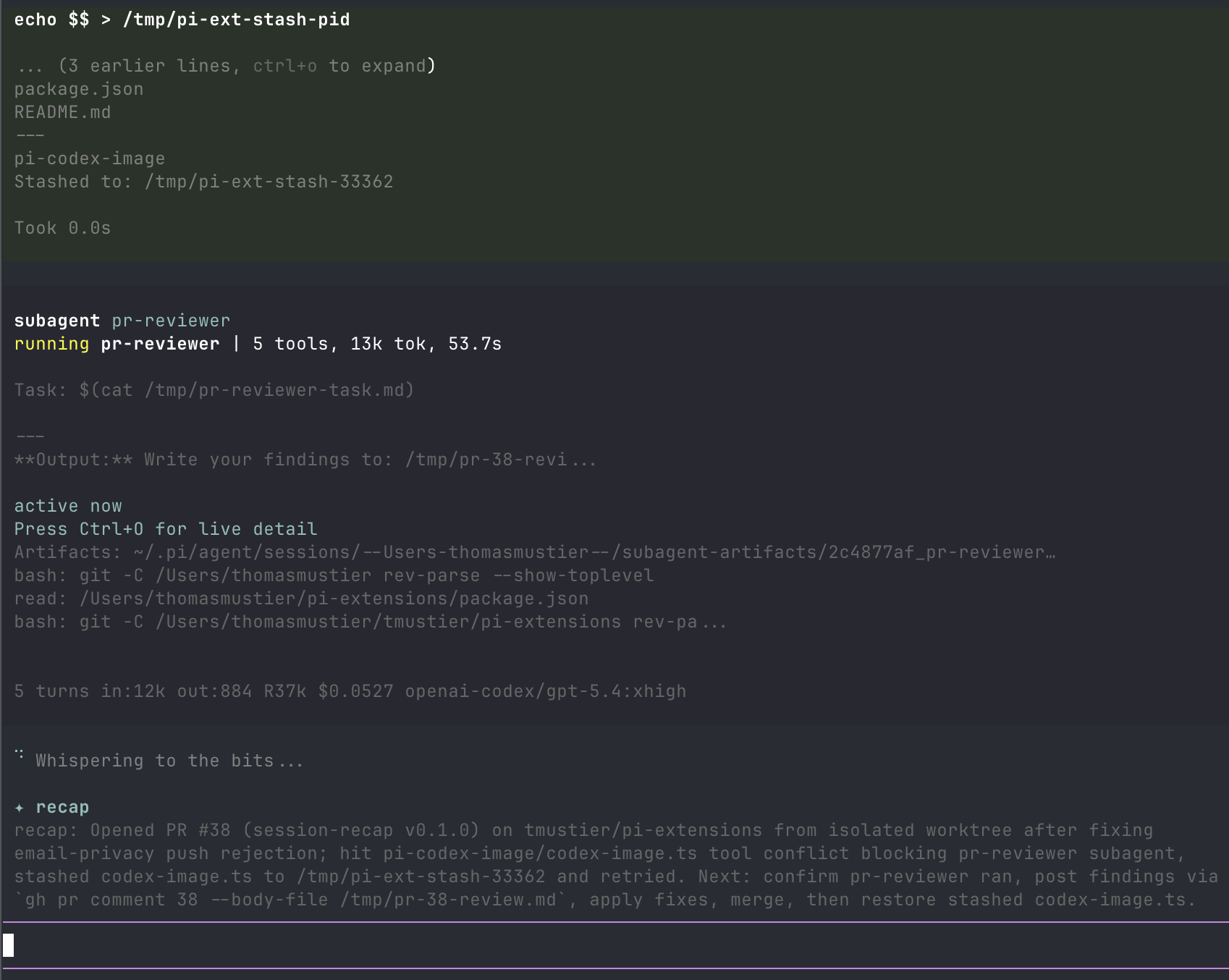 session-recap widget in a live Pi session