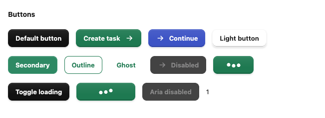 Button colors, variants, icons, disabled states, and loading indicators