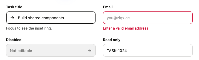 Inputs with a focus ring, validation error, disabled state, and read-only state