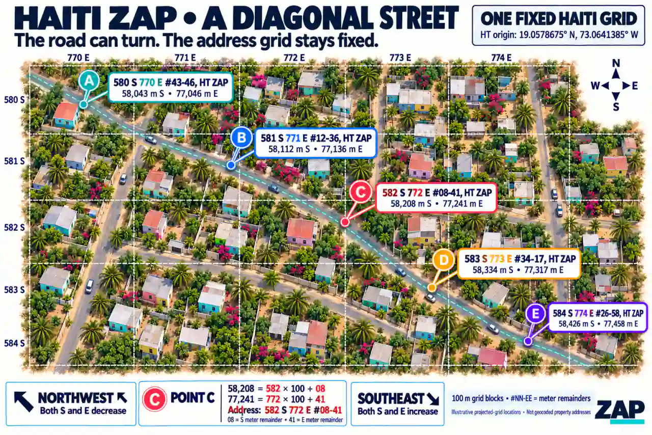 Haiti ZAP grid over a diagonal street, showing changing south and east offsets with a fixed grid