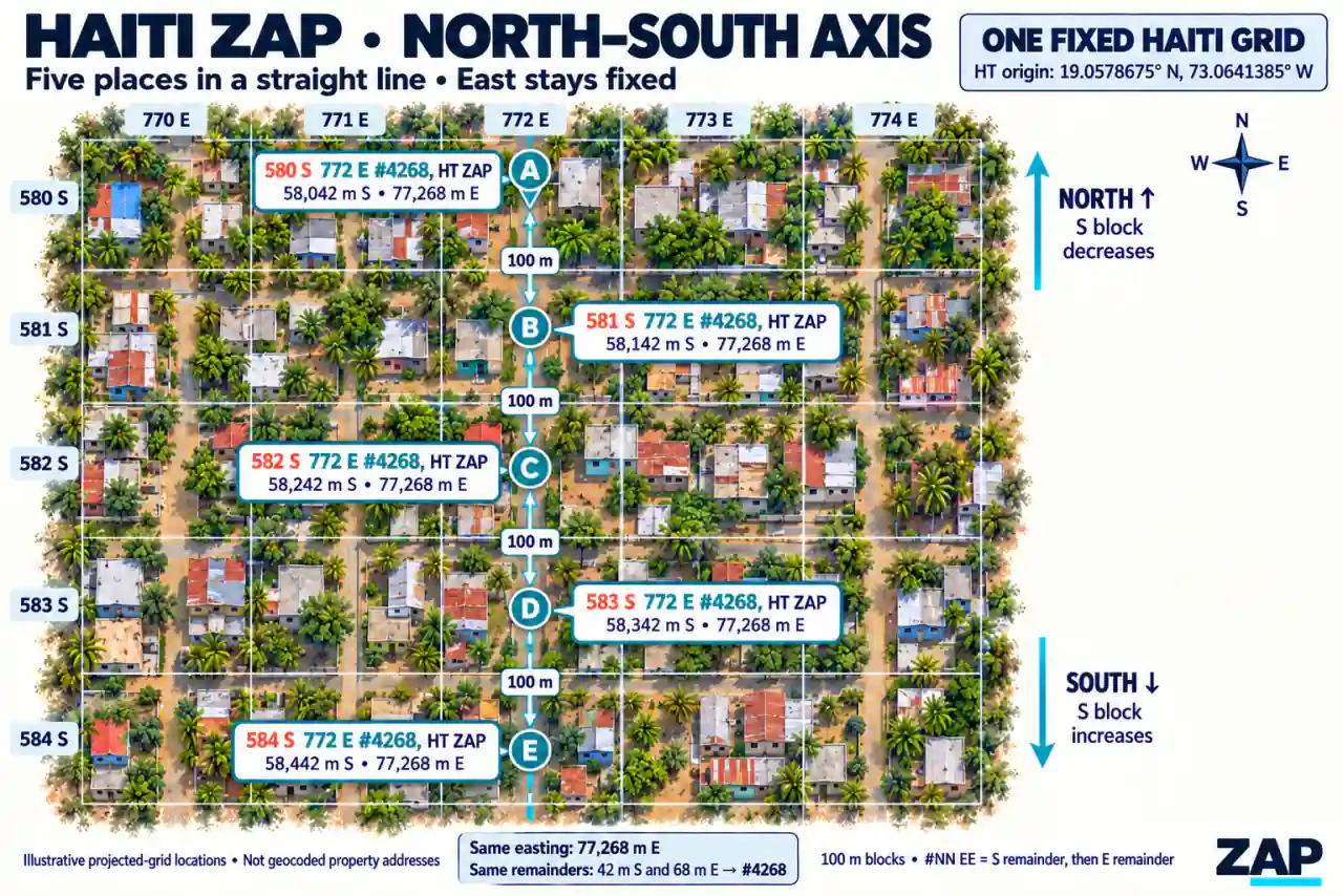 Haiti ZAP grid with five north–south locations, constant easting, and 100-meter projected intervals