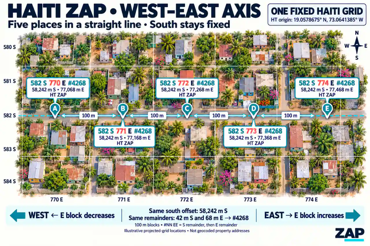 Haiti ZAP grid with five east–west locations, constant south offset, and 100-meter projected intervals