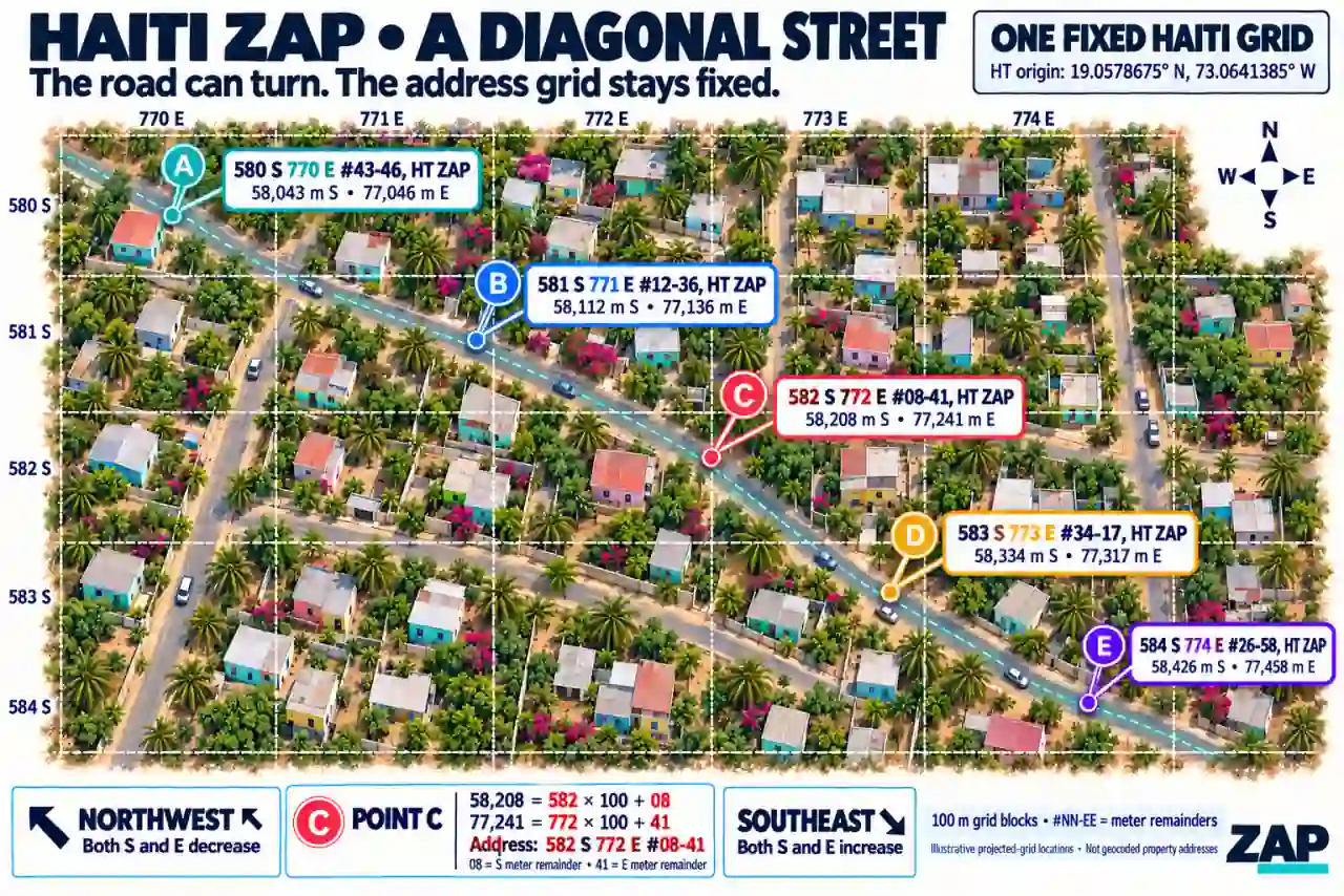 Haiti ZAP grid over a diagonal street, showing changing south and east offsets with a fixed grid