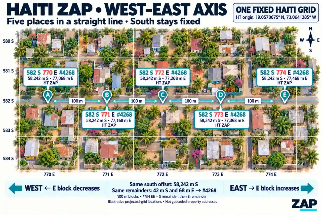 Haiti ZAP grid with five east–west locations, constant south offset, and 100-meter projected intervals