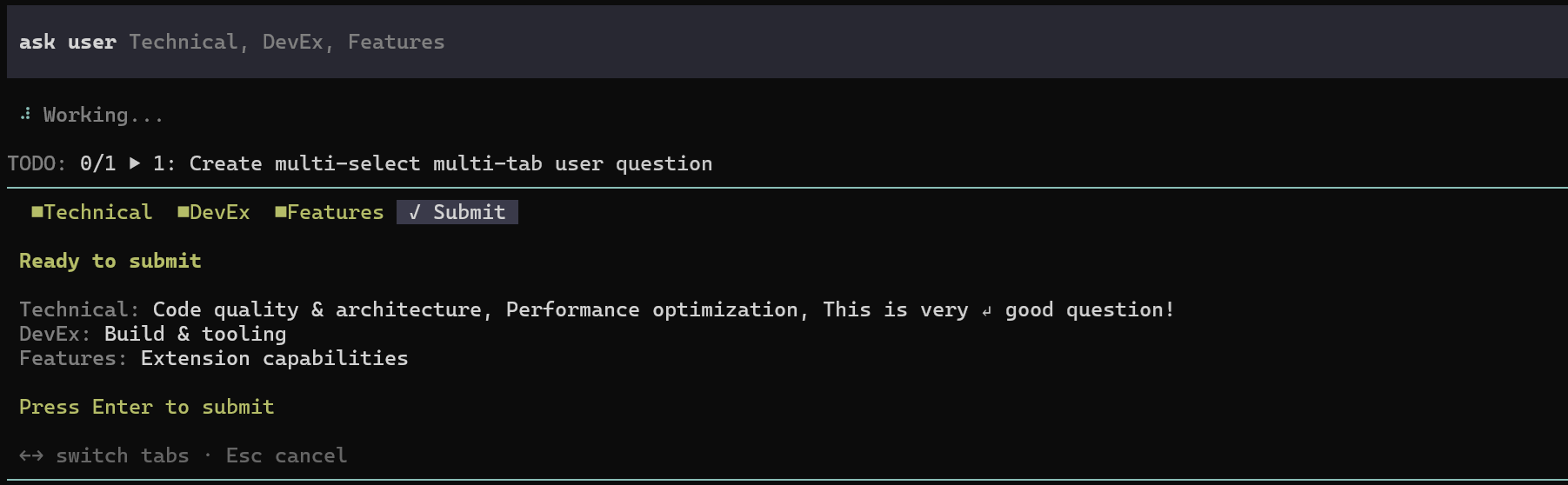 Submit tab showing all answers